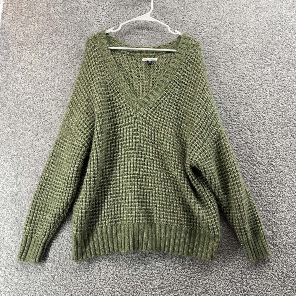 American Eagle Outfitters Sweater Womens Large Green V Neck Waffle Knit Pullover